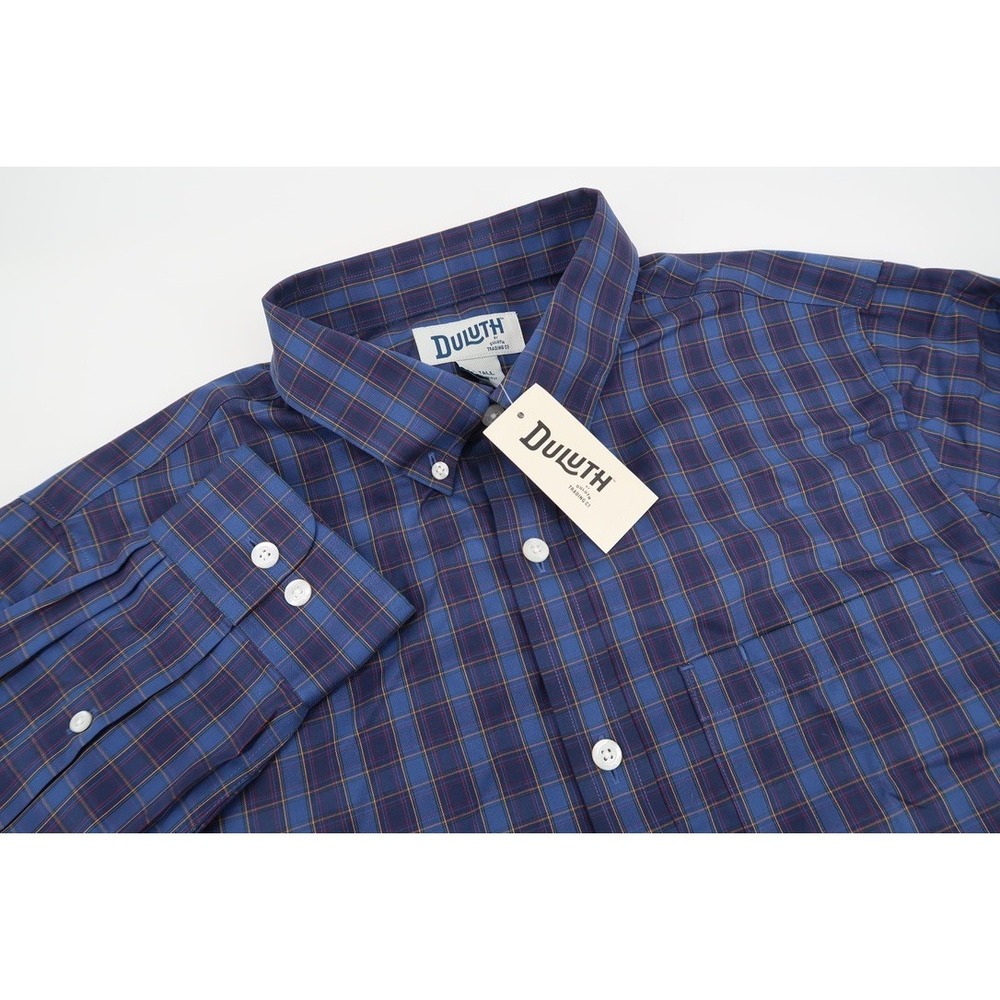 Duluth Trading Mens Large Tall Slim Fit Wrinkle Fighter Shirt Blue Plaid LT New